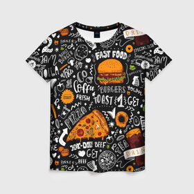 Женская футболка 3D с принтом Fast food , 100% полиэфир ( синтетическое хлопкоподобное полотно) | прямой крой, круглый вырез горловины, длина до линии бедер | fast | food | hambu | булочка | бутерброды | быстрое | гамбургеры | графика | еда | зелень | иллюстрация | картинка | кунжут | мода | мясо | надпись | орнамент | питание | пицца | пончики | рисунок | свежий