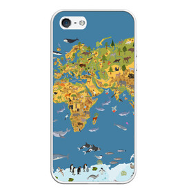 Чехол для iPhone 5/5S матовый с принтом Карта мира , Силикон | Область печати: задняя сторона чехла, без боковых панелей | азия | акулы | америка | антарктида | бизон | волк | европа | животные | зебра | кабан | карта | киты | лама | лев | лось | материки | медведь | мира | моржи | моря | океаны | пингвины | птицы | реки | рыбы