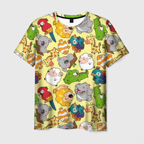 Мужская футболка 3D с принтом Зоопарк , 100% полиэфир | прямой крой, круглый вырез горловины, длина до линии бедер | Тематика изображения на принте: девочке | детская | детям | дочке | животные | жираф | зоопарк | коала | крокодил | лев | мальчику | попугай | разноцветная | ребенку | рыбка