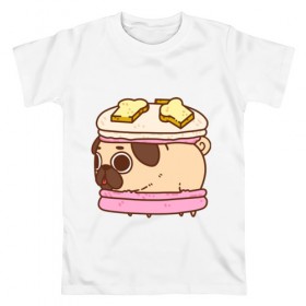 Мужская футболка хлопок с принтом Мопс Пироженко , 100% хлопок | прямой крой, круглый вырез горловины, длина до линии бедер, слегка спущенное плечо. | fastfood | junkfood | pug | еда | макарун | мопс | пирожное | пончик | сладость | собака | фастфуд
