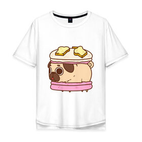 Мужская футболка хлопок Oversize с принтом Мопс Пироженко , 100% хлопок | свободный крой, круглый ворот, “спинка” длиннее передней части | Тематика изображения на принте: fastfood | junkfood | pug | еда | макарун | мопс | пирожное | пончик | сладость | собака | фастфуд