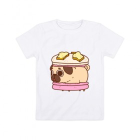 Детская футболка хлопок с принтом Мопс Пироженко , 100% хлопок | круглый вырез горловины, полуприлегающий силуэт, длина до линии бедер | fastfood | junkfood | pug | еда | макарун | мопс | пирожное | пончик | сладость | собака | фастфуд