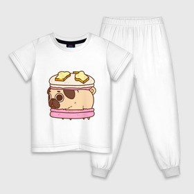 Детская пижама хлопок с принтом Мопс Пироженко , 100% хлопок |  брюки и футболка прямого кроя, без карманов, на брюках мягкая резинка на поясе и по низу штанин
 | fastfood | junkfood | pug | еда | макарун | мопс | пирожное | пончик | сладость | собака | фастфуд