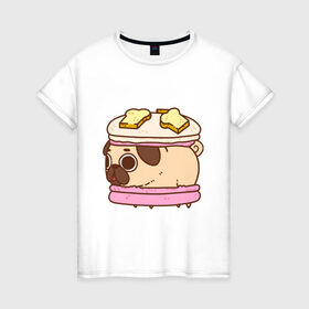 Женская футболка хлопок с принтом Мопс Пироженко , 100% хлопок | прямой крой, круглый вырез горловины, длина до линии бедер, слегка спущенное плечо | fastfood | junkfood | pug | еда | макарун | мопс | пирожное | пончик | сладость | собака | фастфуд