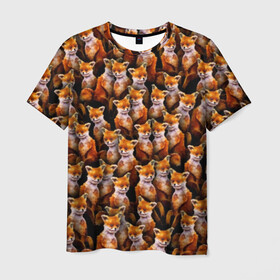 Мужская футболка 3D с принтом Упоротые лисы , 100% полиэфир | прямой крой, круглый вырез горловины, длина до линии бедер | fox | животные | лис | лиса | лисичка | мем | паттрен | рыжий | толпа | упортый | фыр фыр