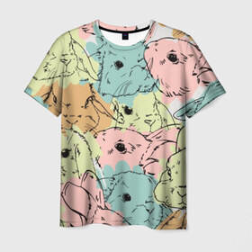 Мужская футболка 3D с принтом Акварельные Зайки , 100% полиэфир | прямой крой, круглый вырез горловины, длина до линии бедер | Тематика изображения на принте: зая | заяц | кисти | кляксы | краски | кролик | мазки | милый | мимими | пушистый | пятна | рисунок | цветной | ценный мех