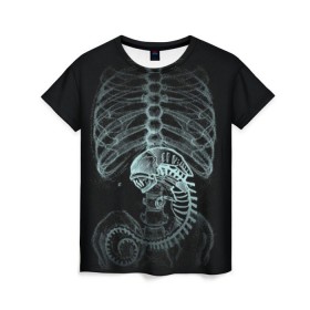 Женская футболка 3D с принтом Чужой на Рентгене , 100% полиэфир ( синтетическое хлопкоподобное полотно) | прямой крой, круглый вырез горловины, длина до линии бедер | alien | больница | больной | внутренний мир | врач | клиника | кости | пациент | ребра | рентген | скелет | снимок | хищник