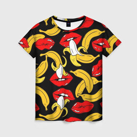 Женская футболка 3D с принтом Губы и бананы , 100% полиэфир ( синтетическое хлопкоподобное полотно) | прямой крой, круглый вырез горловины, длина до линии бедер | Тематика изображения на принте: background | bananas | black | drawing | erotic | food | fruit | lips | red | womens | бананы | губы | еда | женские | красные | рисунок | фон | фрукты | черный