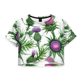 Женская футболка Cropp-top с принтом Цветок репейника , 100% полиэстер | круглая горловина, длина футболки до линии талии, рукава с отворотами | акварель | мода | стиль | цветочки | цветы