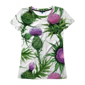 Женская футболка 3D с принтом Цветок репейника , 100% полиэфир ( синтетическое хлопкоподобное полотно) | прямой крой, круглый вырез горловины, длина до линии бедер | акварель | мода | стиль | цветочки | цветы