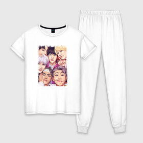 Женская пижама хлопок с принтом BTS , 100% хлопок | брюки и футболка прямого кроя, без карманов, на брюках мягкая резинка на поясе и по низу штанин | Тематика изображения на принте: bangtan boys | bt21 | bts | bts army | bts stickers | j hope | jimin | jin | jungkook | k pop | rap monster | rapmon | suga | v | бтс | корея | стикеры bts
