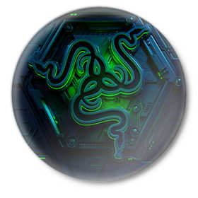 Значок с принтом RAZER ,  металл | круглая форма, металлическая застежка в виде булавки | Тематика изображения на принте: game | razer | texture | зеленый | игровое лого | игромания | игры | рэйзер | текстуры