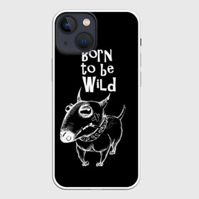 Чехол для iPhone 13 mini с принтом Born to be wild ,  |  | Тематика изображения на принте: angry | animals | authority | b | black and white | bull terrier | bully | cool | dog | fight | illustration | swag | thug | wild | авторитет | бандит | бойцовый | бультерьер | дикий | животные | злой | иллюстрация | крутой | надпись | ошейник | п