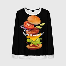 Мужской свитшот 3D с принтом Гамбургер , 100% полиэстер с мягким внутренним слоем | круглый вырез горловины, мягкая резинка на манжетах и поясе, свободная посадка по фигуре | Тематика изображения на принте: bun | cheese | cucumber | explosion | hamburger | ingredients | inscription | ketchup | meat | onion | salad | sesame | share | tomato | tomatoes | булочка | взрыв | гамбургер | доля | ингредиенты | кетчуп | кунжут | лук | мясо | надпись | огурец | помидо