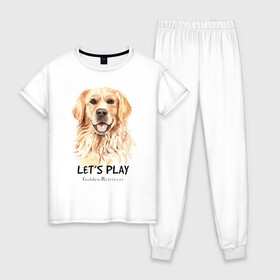 Женская пижама хлопок с принтом Золотистый ретривер , 100% хлопок | брюки и футболка прямого кроя, без карманов, на брюках мягкая резинка на поясе и по низу штанин | Тематика изображения на принте: golden retriever | золотистый ретривер | ретривер | собака | собаки