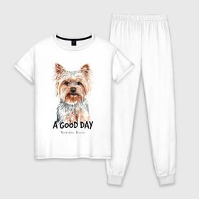 Женская пижама хлопок с принтом Йоркширский терьер , 100% хлопок | брюки и футболка прямого кроя, без карманов, на брюках мягкая резинка на поясе и по низу штанин | yorkshire terrier | йорк | йорки | йоркширский | йоркширский терьер | собака | собаки | терьер