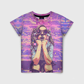 Детская футболка 3D с принтом Девушка в очках , 100% гипоаллергенный полиэфир | прямой крой, круглый вырез горловины, длина до линии бедер, чуть спущенное плечо, ткань немного тянется | Тематика изображения на принте: background | blue | bright | color | colorful | cool | cyberpunk | girl | hairstyle | pink | purple | scho | skirt | student | девочка | девушка | киберпанк | круто | очки | прикольно | прическа | разноцветный | розовый | рубашка | син