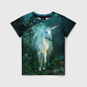 Детская футболка 3D с принтом Единорог , 100% гипоаллергенный полиэфир | прямой крой, круглый вырез горловины, длина до линии бедер, чуть спущенное плечо, ткань немного тянется | animal | beautiful | blue | fantasy | green | hooves | horn | horse | magi | mushrooms | nature | night | unicorn | white | белый | волшебство | грибы | грива | единорог | животное | зеленый | иллюстрация | копыта | лес | лошадь | мифология | но