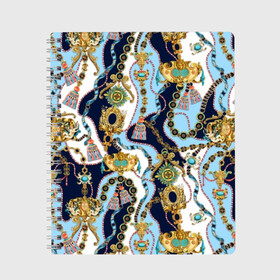 Тетрадь с принтом Барокко , 100% бумага | 48 листов, плотность листов — 60 г/м2, плотность картонной обложки — 250 г/м2. Листы скреплены сбоку удобной пружинной спиралью. Уголки страниц и обложки скругленные. Цвет линий — светло-серый
 | Тематика изображения на принте: baroque | blue | chain | decoration | fringe | gold | ribbon | style | vintage | white | барокко | бахрома | белый | винтаж | золото | кисточка | лента | синий | стиль | украшения | цепочка