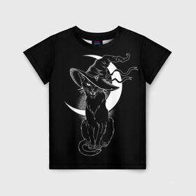 Детская футболка 3D с принтом Кошка колдунья , 100% гипоаллергенный полиэфир | прямой крой, круглый вырез горловины, длина до линии бедер, чуть спущенное плечо, ткань немного тянется | Тематика изображения на принте: black | cat | cl | crescent | fangs | halloween | hat | holiday | hunter | kitty | magic | month | moon | mystic | night | predator | white | witch | белый | ведьма | киса | клыки | когти | колдовство | кот | котэ | кошка | луна | магия | месяц | мистика 