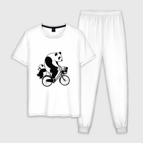 Мужская пижама хлопок с принтом Панда на велике , 100% хлопок | брюки и футболка прямого кроя, без карманов, на брюках мягкая резинка на поясе и по низу штанин
 | Тематика изображения на принте: велосипед | детеныши панды | животные | медведи | панда | панда катается | панда на велике | три панды | черно белые