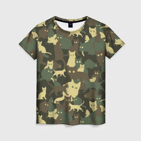 Женская футболка 3D с принтом Кошачий камуфляж , 100% полиэфир ( синтетическое хлопкоподобное полотно) | прямой крой, круглый вырез горловины, длина до линии бедер | animal | camouflage | cat | funny | green | khaki | marsh | silhouette | болотный | животное | забавный | зеленый | камуфляж | кот | котик | силуэт | хаки