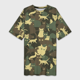 Платье-футболка 3D с принтом Кошачий камуфляж ,  |  | animal | camouflage | cat | funny | green | khaki | marsh | silhouette | болотный | животное | забавный | зеленый | камуфляж | кот | котик | силуэт | хаки