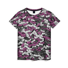 Женская футболка 3D с принтом Именной камуфляж. Юля , 100% полиэфир ( синтетическое хлопкоподобное полотно) | прямой крой, круглый вырез горловины, длина до линии бедер | имя | камуфляж | милитари | паттрен | розовый | серый | сиреневый | слова | узор | юлия | юля