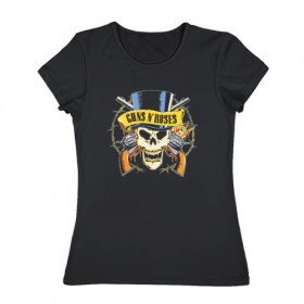 Женская футболка хлопок с принтом Guns N’ Roses , 100% хлопок | прямой крой, круглый вырез горловины, длина до линии бедер, слегка спущенное плечо | американская | группа | дафф маккаган | иззи стрэдлин | рок | слэш | хард | хард рок | хеви метал | эксл роуз