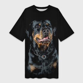 Платье-футболка 3D с принтом Ротвейлер ,  |  | Тематика изображения на принте: animal | black | breed | collar | dog | friend | glance | gloss | man | muzzle | rottweiler | взгляд | друг | животное | лоск | ошейник | пёс | порода | ротвейлер | собака | человека | черный