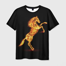 Мужская футболка 3D с принтом Огненная лошадь , 100% полиэфир | прямой крой, круглый вырез горловины, длина до линии бедер | animal | beautiful | black | fiery | fire | hooves | horse | mane | wild | грива | дикий | животное | конь | копыта | красивый | лошадь | огненный | огонь | скакун | черный
