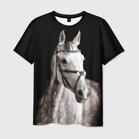 Мужская футболка 3D с принтом Серный в яблоках конь , 100% полиэфир | прямой крой, круглый вырез горловины, длина до линии бедер | animal | beautiful | black | eyes | gloss | harness | horse | look | muzzle | spotted | white | белый | в яблоках | взгляд | глаза | животное | конь | красивый | лоск | лошадь | пятнистый | сбруя | серый | скакун | черный