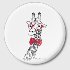 Значок с принтом Жираф ,  металл | круглая форма, металлическая застежка в виде булавки | animal | bow tie | cool | giraffe | gray | red | white | белый | галстук  бабочка | животное | жираф | красный | очки | прикольный | серый