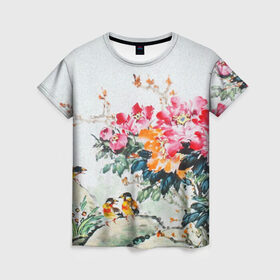 Женская футболка 3D с принтом Японские цветы , 100% полиэфир ( синтетическое хлопкоподобное полотно) | прямой крой, круглый вырез горловины, длина до линии бедер | japan | japanese | искусство | картина | цветы | япония | японская гравюра | японская картина