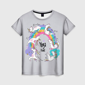 Женская футболка 3D с принтом Yoga time , 100% полиэфир ( синтетическое хлопкоподобное полотно) | прямой крой, круглый вырез горловины, длина до линии бедер | Тематика изображения на принте: animal | asana | boat | bow | children | drawing | funny | hearts | horses | inscriptio | om | rainbow | stars | triangle | unicorns | warrior | yoga | zen | асана | воин | детский | дзен | животное | забавный | звезды | йога | лодка | лошади | лук | мост