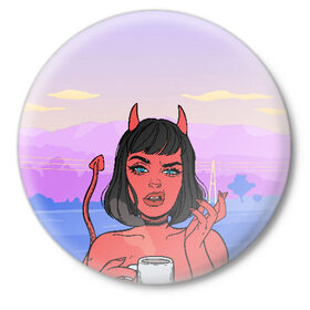 Значок с принтом What ,  металл | круглая форма, металлическая застежка в виде булавки | coffee | demon | devil | girl | hell | девушка | демон | дьявол | кофе