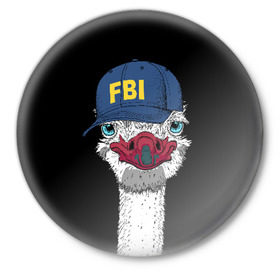 Значок с принтом FBI ,  металл | круглая форма, металлическая застежка в виде булавки | beak | bird | blue | cap | fbi | funny | head | inscription | long | neck | ostrich | red | весёлый | голова | длинная | кепка | клюв | красный | надпись | птица | синяя | смешной | страус | фбр | шея