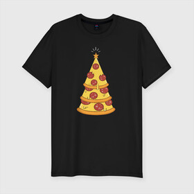 Мужская футболка премиум с принтом Пиццеёлка , 92% хлопок, 8% лайкра | приталенный силуэт, круглый вырез ворота, длина до линии бедра, короткий рукав | bird born | арт | веселье | еда | ёлка | иллюстратор | иллюстрация | новый год | пепперони | пицца | радость | рисунок | юмор