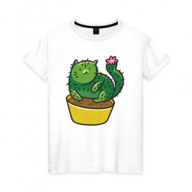 Женская футболка хлопок с принтом Кот-кактус , 100% хлопок | прямой крой, круглый вырез горловины, длина до линии бедер, слегка спущенное плечо | cat | горшок | иголки | кактус | кот кактус | котик | кошка | растение | цветок