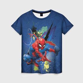 Женская футболка 3D с принтом Spider-man with a spiderweb , 100% полиэфир ( синтетическое хлопкоподобное полотно) | прямой крой, круглый вырез горловины, длина до линии бедер | avengers | comics | marvel | peter parker | spider man | stan lee | super her | web shooter | комикс | марвел | марвэл | мстители | паутина | паучок | питер паркер | спайди | стэн ли | человек паук