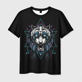 Мужская футболка 3D с принтом Тигр , 100% полиэфир | прямой крой, круглый вырез горловины, длина до линии бедер | beast | evil | fangs | grin | predator | sacral | signs | tiger | wild | дикий | зверь | злой | знаки | клыки | оскал | сакральные | тигр | хищник