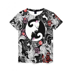 Женская футболка 3D с принтом Инь-Янь Котики , 100% полиэфир ( синтетическое хлопкоподобное полотно) | прямой крой, круглый вырез горловины, длина до линии бедер | домашние животные | животные | инь янь | котики | милость | растение | цветы