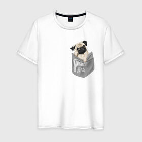 Мужская футболка хлопок с принтом Мопс в кармане , 100% хлопок | прямой крой, круглый вырез горловины, длина до линии бедер, слегка спущенное плечо. | pug | карман | карманный мопс | малыш | милый | мопс | пес | песик | собака | собачка