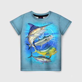 Детская футболка 3D с принтом Marlin and other fish , 100% гипоаллергенный полиэфир | прямой крой, круглый вырез горловины, длина до линии бедер, чуть спущенное плечо, ткань немного тянется | Тематика изображения на принте: рыба | рыбак | рыбалка | снасти | увлечение | улов | хобби