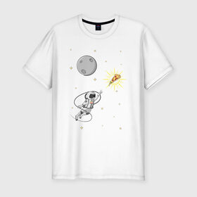 Мужская футболка премиум с принтом Пиццанавт , 92% хлопок, 8% лайкра | приталенный силуэт, круглый вырез ворота, длина до линии бедра, короткий рукав | астронавт | графика | еда | звезды | космонавт | космос | луна | пицца | рисунок