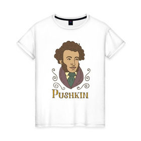 Женская футболка хлопок с принтом А.С.Пушкин , 100% хлопок | прямой крой, круглый вырез горловины, длина до линии бедер, слегка спущенное плечо | а.с.пушкин | знания | классик | литература | писатели | писатель | писатель классик | пушкин | школа | школьная программа