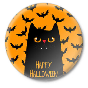 Значок с принтом Happy halloween ,  металл | круглая форма, металлическая застежка в виде булавки | halloween | horror | вампир | кот | кот вампир | котик | кошка | летучие мыши | мыши | пятница 13 | страшилки | страшно | ужасы | хоррор | хэллоуин
