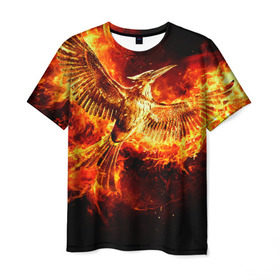 Мужская футболка 3D с принтом Феникс в огне , 100% полиэфир | прямой крой, круглый вырез горловины, длина до линии бедер | Тематика изображения на принте: fire | flame | phoenix | крылья | огонь | перья | пламя | птица | феникс