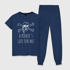 Женская пижама хлопок с принтом A pirates life for me , 100% хлопок | брюки и футболка прямого кроя, без карманов, на брюках мягкая резинка на поясе и по низу штанин | a pirates life for me | jolly roger | pirate | skull | веселый роджер | пират | пиратская жизнь | пираты | череп | череп и кости