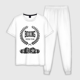 Мужская пижама хлопок с принтом Boxing Russia Team , 100% хлопок | брюки и футболка прямого кроя, без карманов, на брюках мягкая резинка на поясе и по низу штанин
 | Тематика изображения на принте: boxer | boxing | russia team | бокс | боксер | тайский бокс